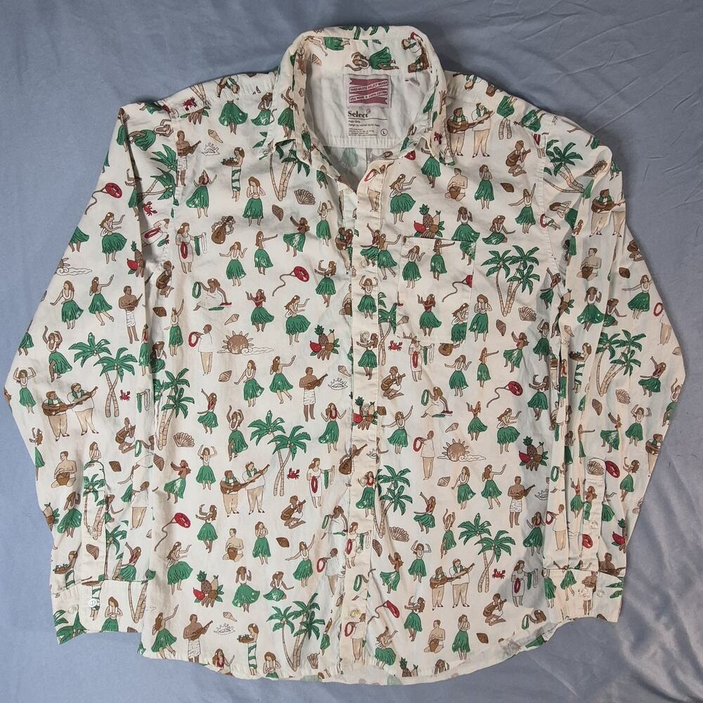 Threadless Select Woven Hula Girl Hawaiian Button Down Shirt L Made in USA Art